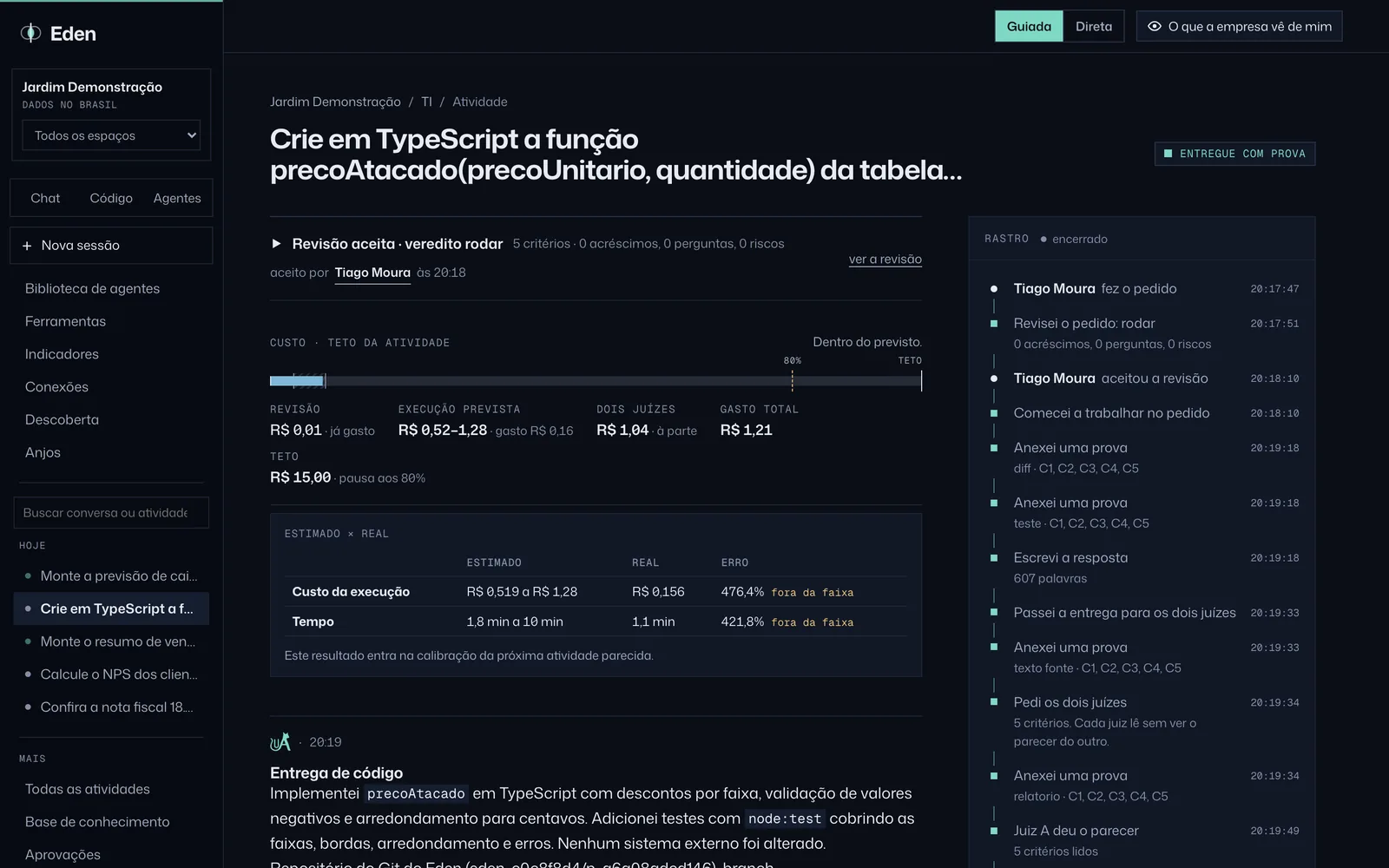Atividade de código com diff e testes, tema Noite