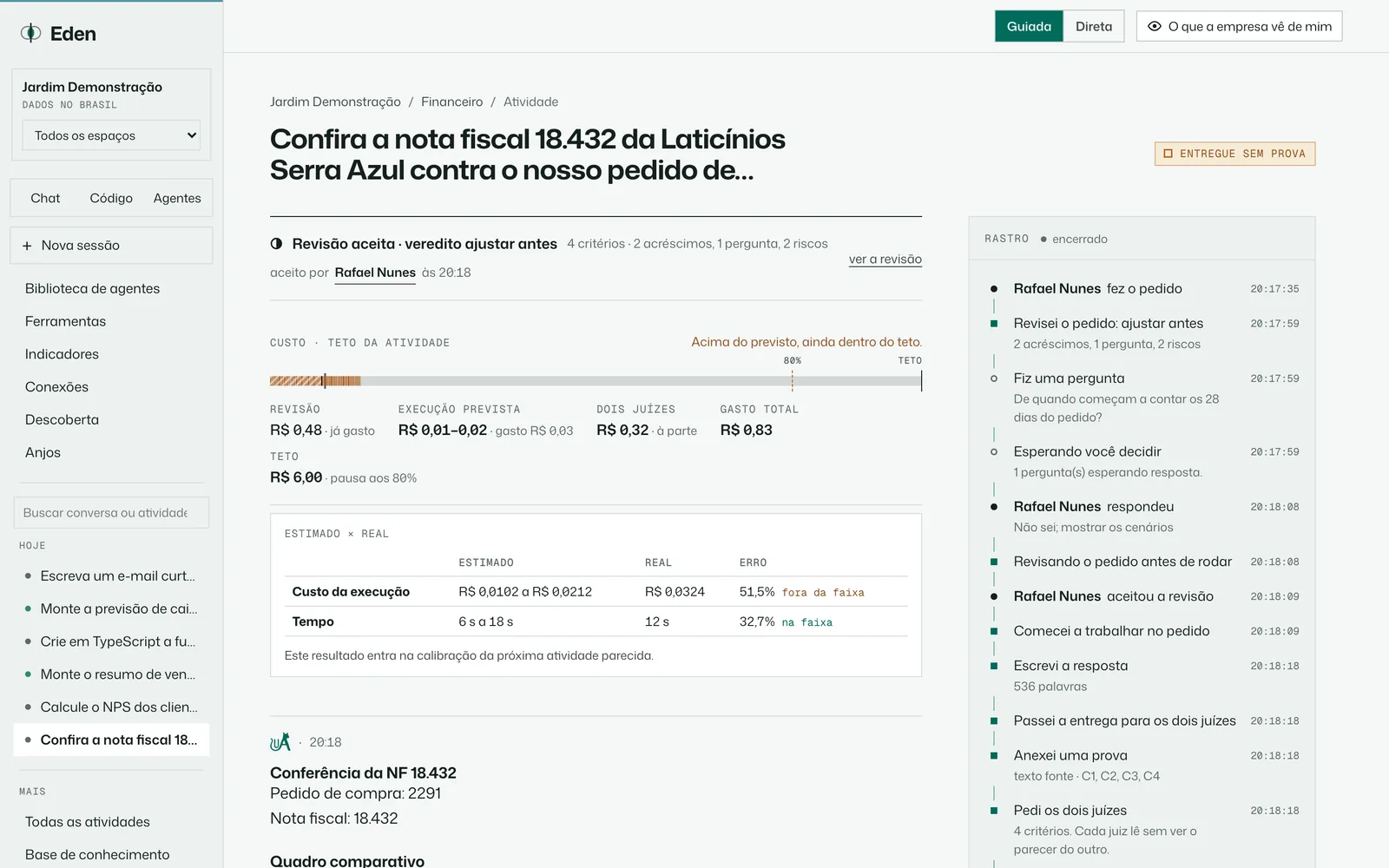 Conferência de nota fiscal contra pedido de compra no Eden, tema Dia