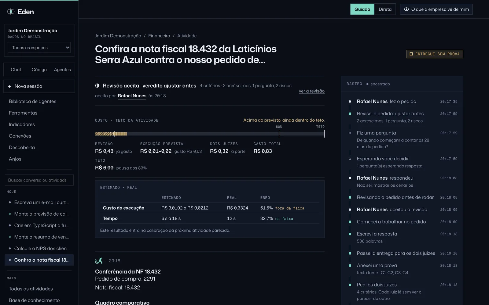 Conferência de nota fiscal contra pedido de compra no Eden, tema Noite