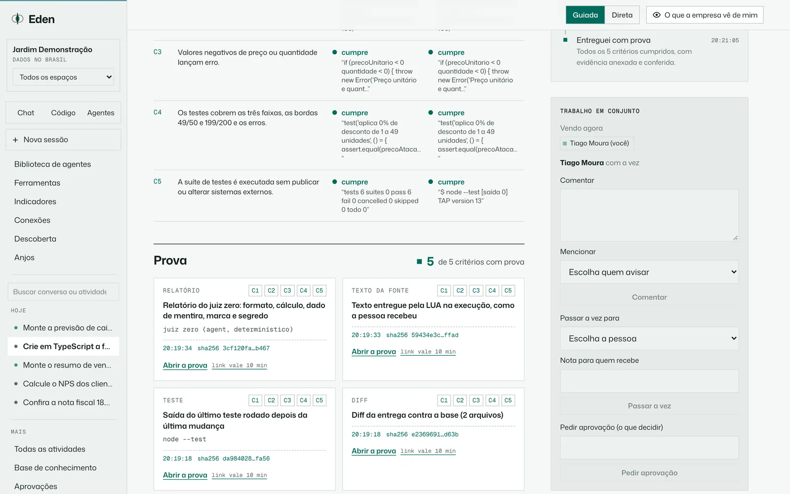 Prova de uma atividade com evidências por critério, tema Dia