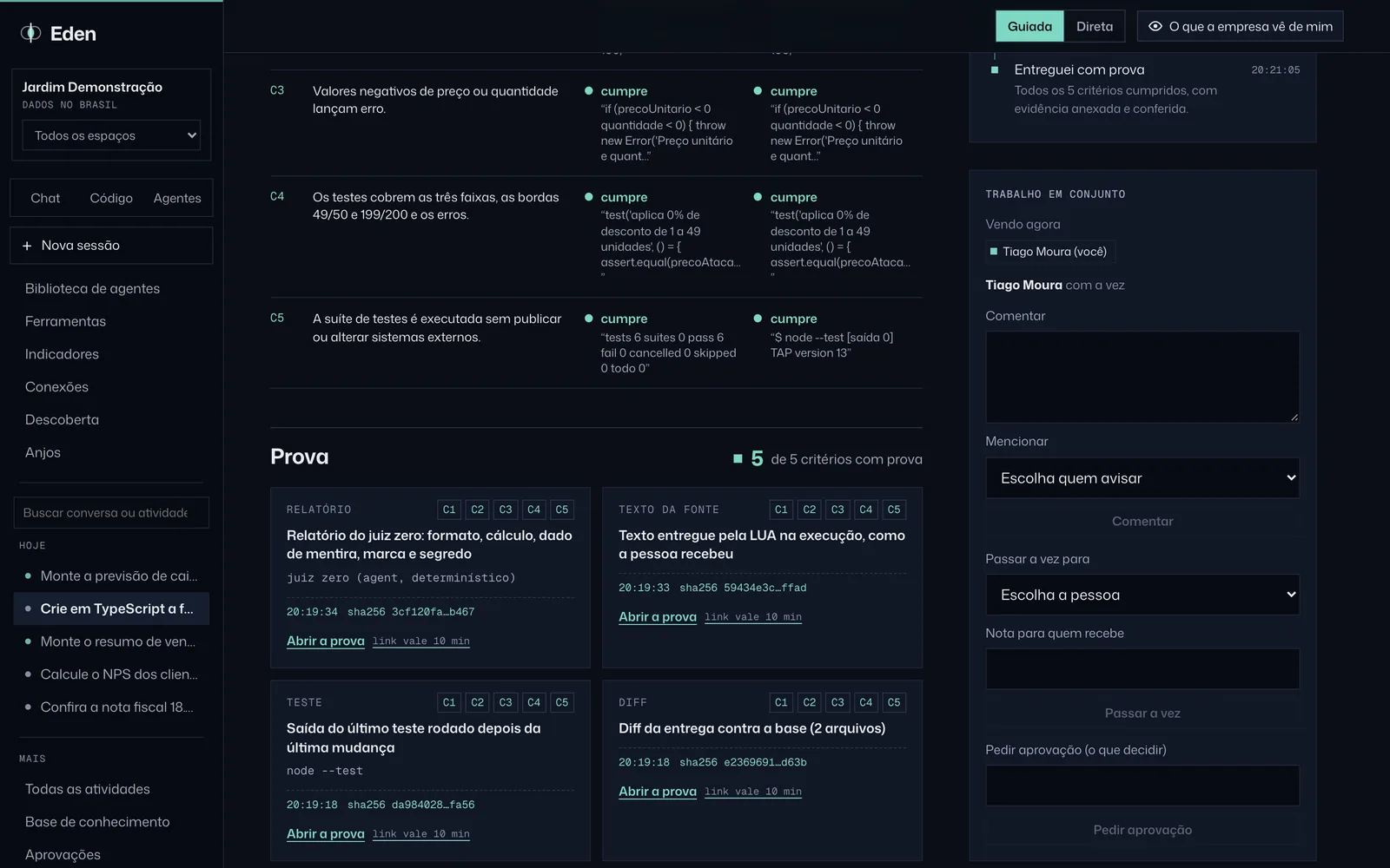 Prova de uma atividade com evidências por critério, tema Noite
