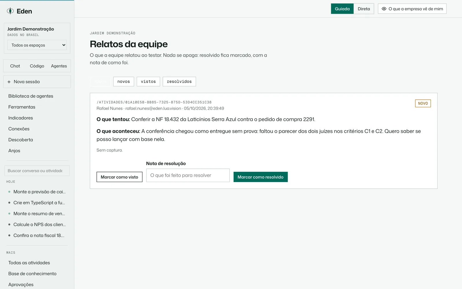 Relatos de problema da equipe, tema Dia
