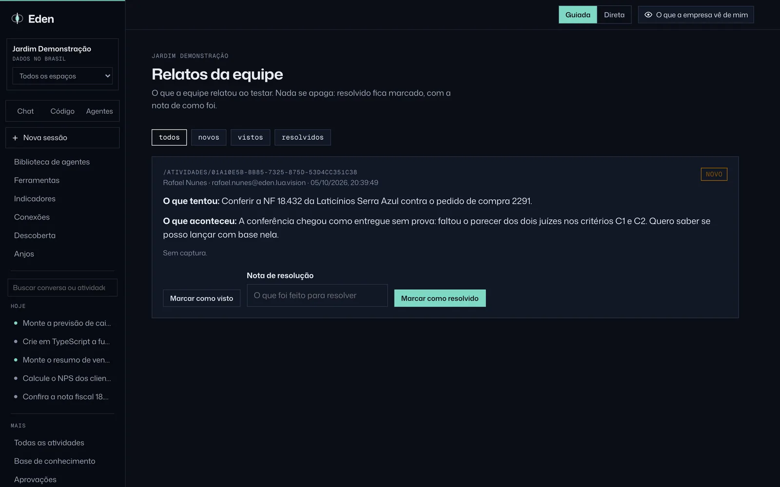 Relatos de problema da equipe, tema Noite