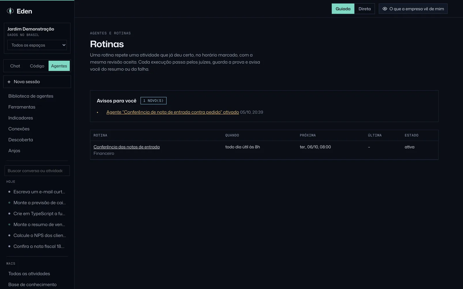 Rotina de conferência de notas no Eden, tema Noite
