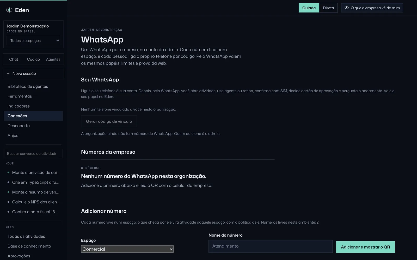Conexão do WhatsApp da empresa, tema Noite